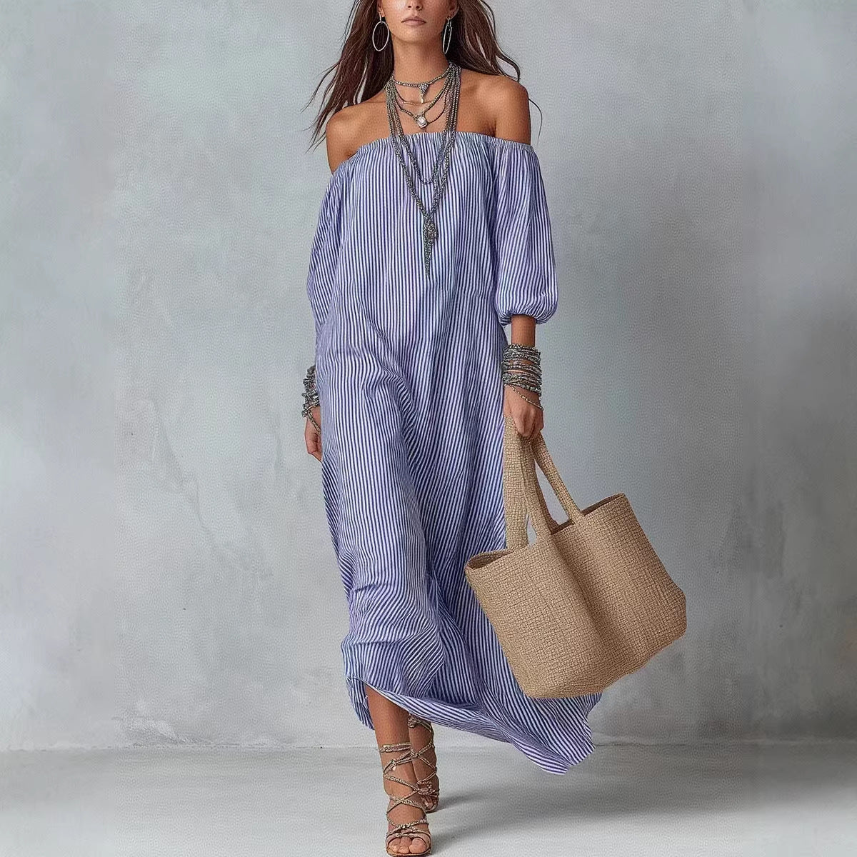 New SpringSummer Elegant Striped Loose-Fit Chic Holiday Dress For Women 