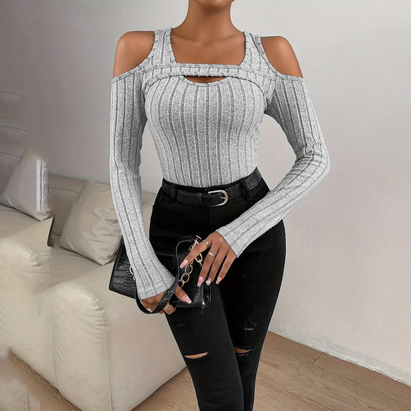 Women's Ribbed Long Sleeve Top Cut Out Front Detail Fitted Sexy Tee Casual Dressy T-Shirt Tops CJ US