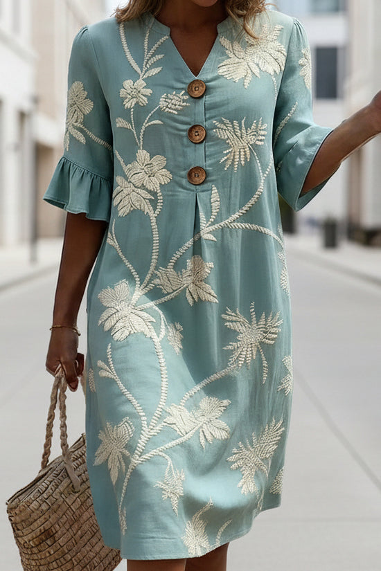 Resort Style V Neck Printed Loose Fitting Mid Sleeve Dress 