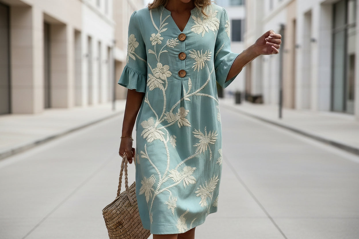 Resort Style V Neck Printed Loose Fitting Mid Sleeve Dress 