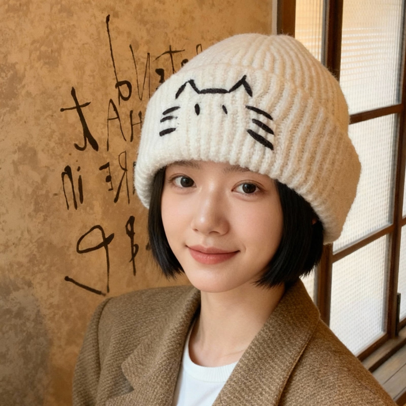 Women’s Cute Cat Line Design Knitted Hat – Warm Fall & Winter Beanie - FitiqueFit
