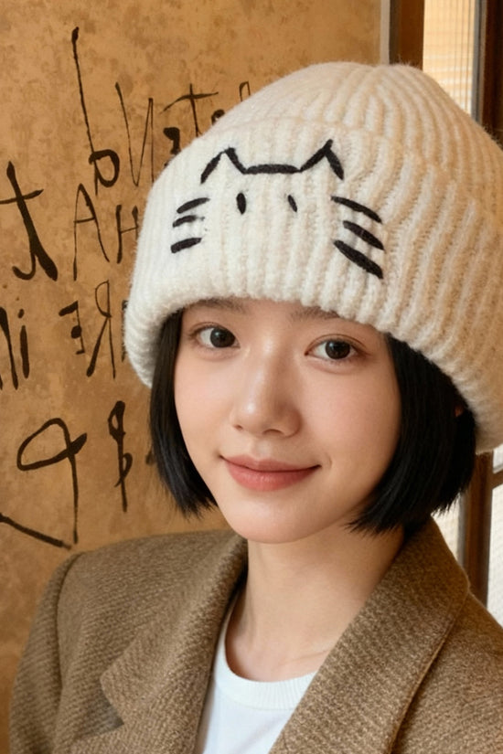 Women’s Cute Cat Line Design Knitted Hat – Warm Fall & Winter Beanie - FitiqueFit