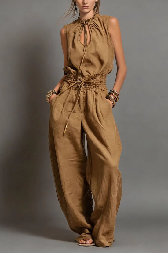 Personalized Street-style Loose-fitting Sleeveless Waist-cinching Wide-leg Jumpsuit 