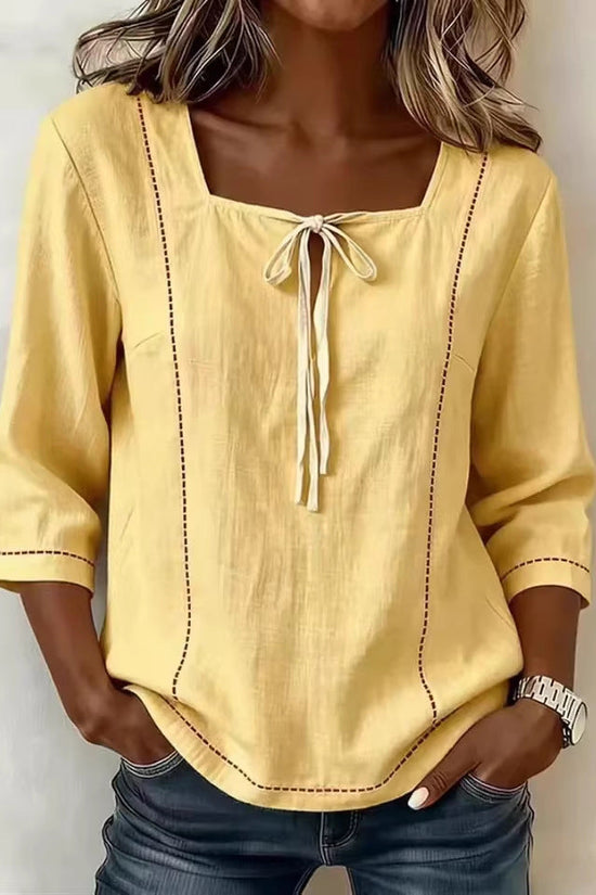Printed Lace-Up Square-Neck Mid-Sleeve Womens Shirt 
