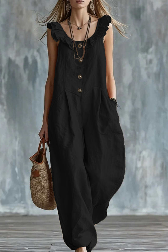 Womens Solid-Colored Sleeveless Button-Down Jumpsuit 