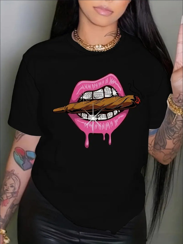 Lips Print Crew Neck Short Sleeve T-Shirt - Soft, Breathable, Relaxed Fit, Casual Chic Top For Spring And Summer - Women's Fashion Clothing For Everyday Wear CJ US