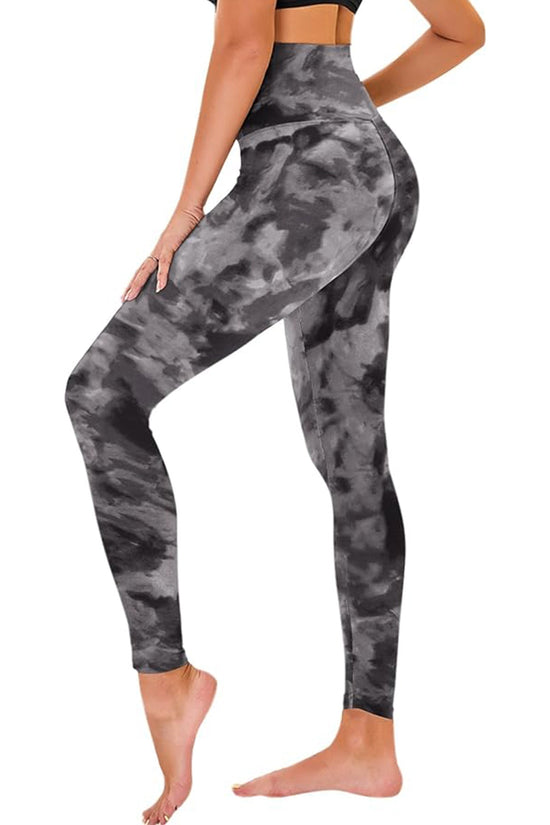 Cropped High-Rise Leggings – Black Tie-Dye Print Workout Pants CJ US