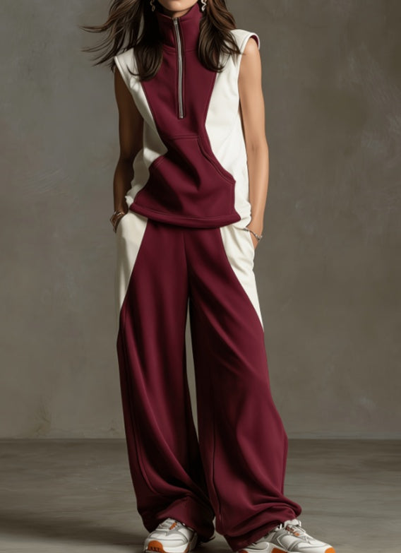 Contrast Color Stand-up Collar Sleeveless Sportswear Set 