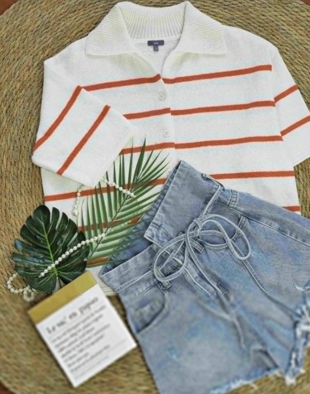 Women’s Knit Button Cardigan with Striped Short Sleeves CJ US