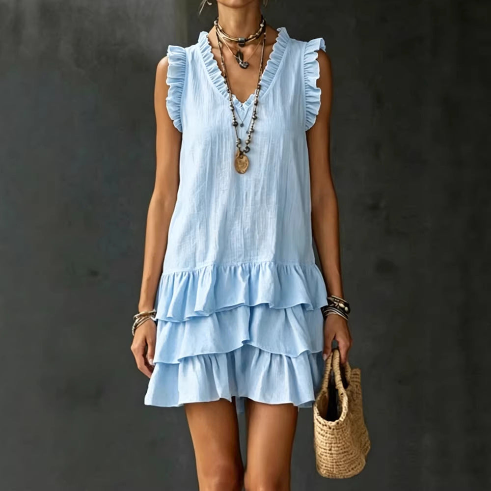 Women's Casual V-Neck Ruffle-Trim Sleeveless Dress 