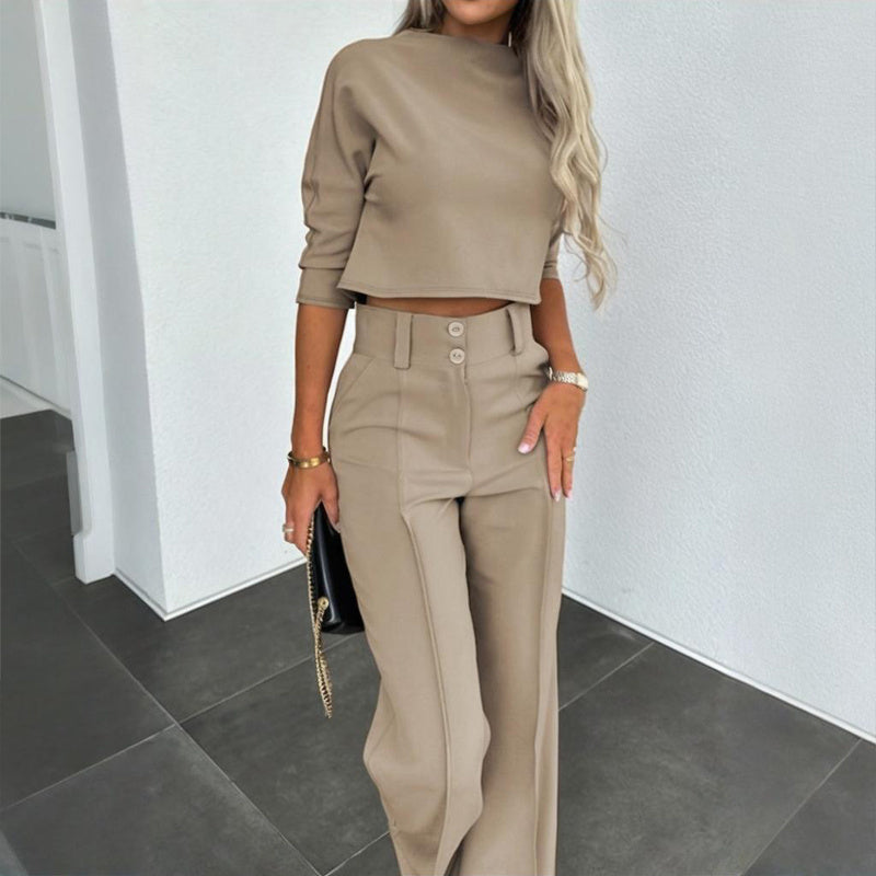 Women's Elegant Solid Color Half Sleeve Short Top With Straight Leg Pants Two-Piece Office Wear Suit With Pockets CJ US