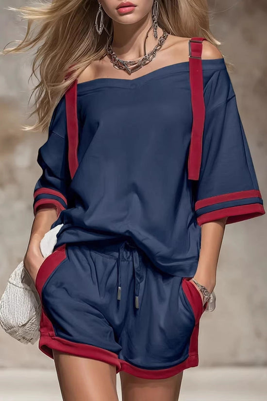 Summer Contrast-Colored Women's Patchwork Casual Shorts Set 