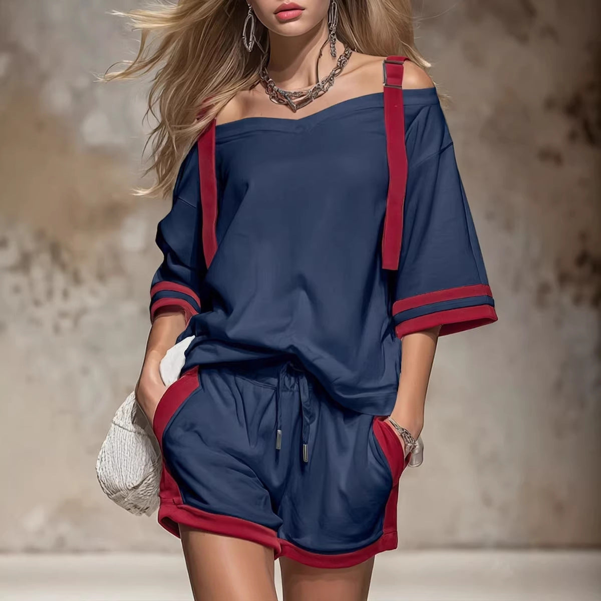 Summer Contrast-Colored Women's Patchwork Casual Shorts Set 