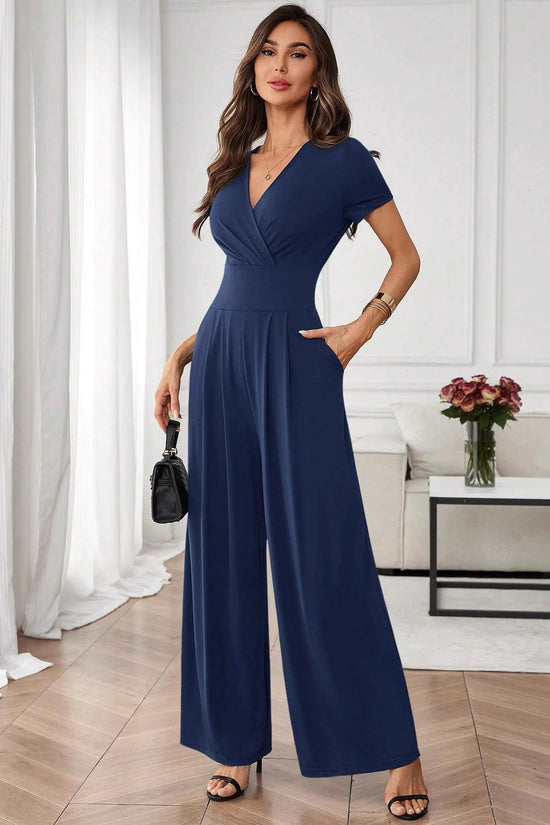 Women's Solid-Color Short-Sleeve Pleated Wide-Leg Jumpsuit 
