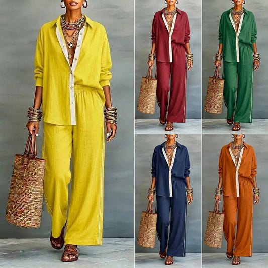 Contrast-color Casual Solid-color Loose Pants Two-piece Set 