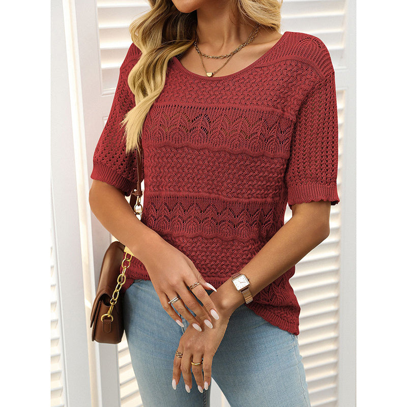 Women's Short Sleeve Sweater Tops Casual Crew Neck Crochet Knit Trendy Hollow Out Blouse T Shirts CJ US