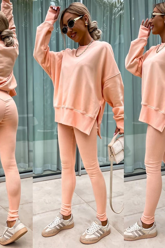 Sweater Suit Women's Casual Loose Long Sleeve Crew Neck Split Top Tight Trousers 