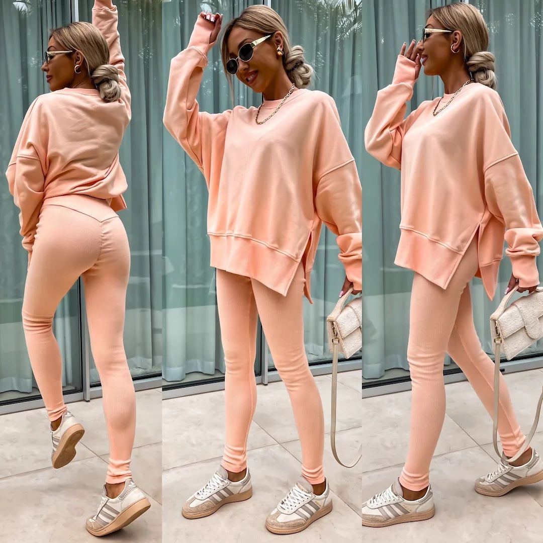 Sweater Suit Women's Casual Loose Long Sleeve Crew Neck Split Top Tight Trousers 