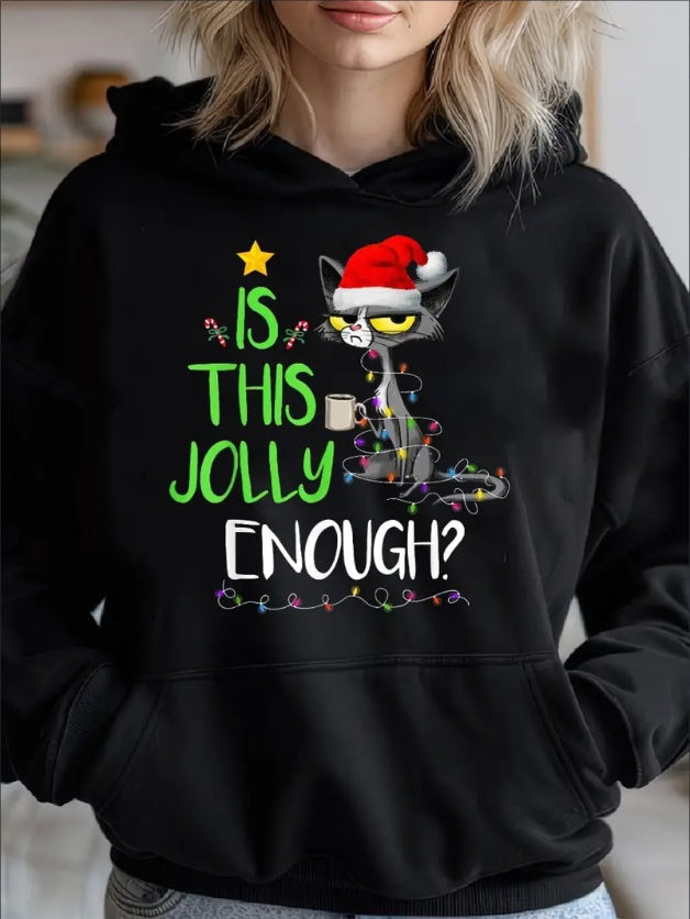 Is This Jolly Enough Black Cat Merry Christmas Tree Lights Woman's Cozy Classic Print Pullover Hoodie, Casual Long Sleeve Crew Neck Hoodie CJ US