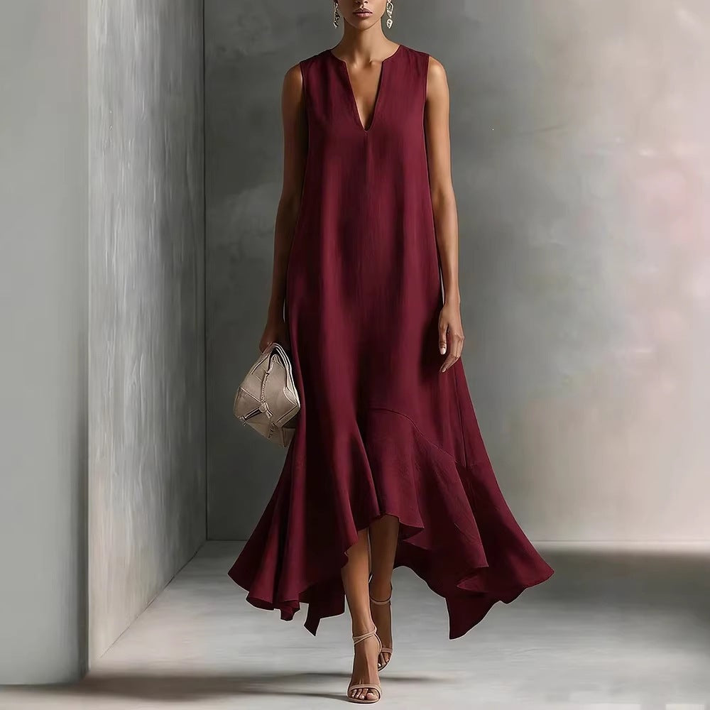 New Stylish Deep V-Neck Sleeveless Elegant Asymmetrical Hemline Dress 