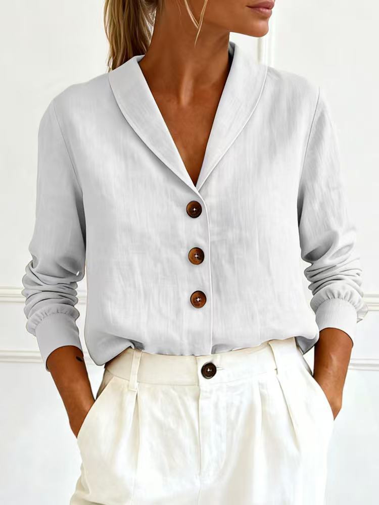 Fashionable Cotton-Linen Long-Sleeve Peter Pan Collar Button-Up Shirt 