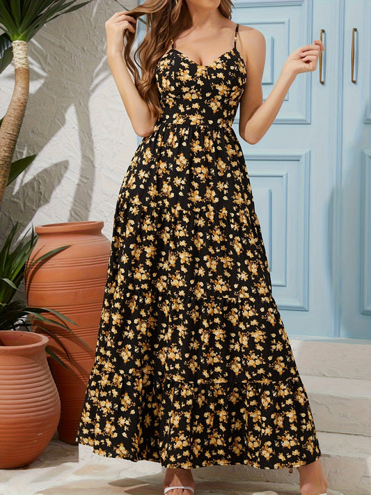 Women’s Floral Backless Maxi Dress – Strappy Dress with Bow & Flowy Skirt CJ US