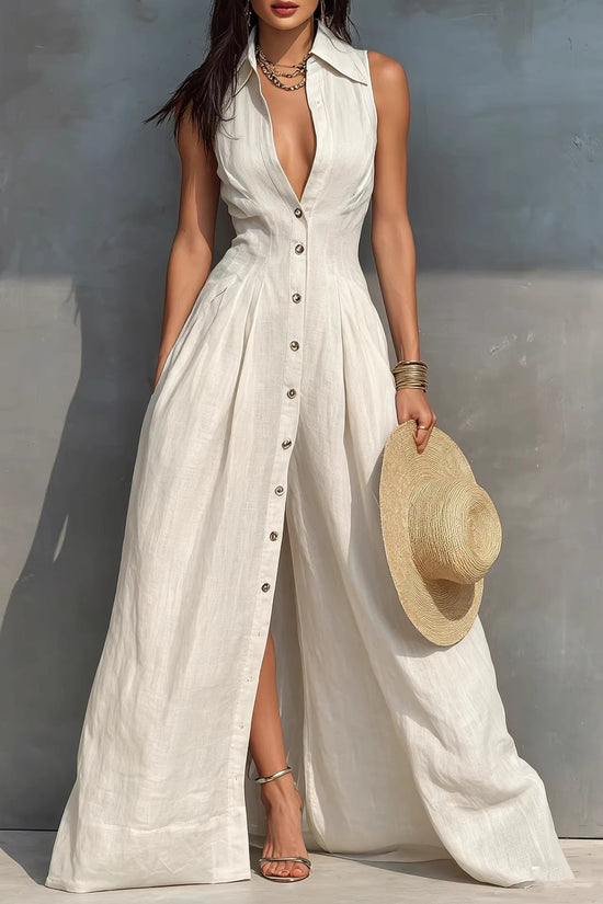 High-waisted Lapel Shirt-style Maxi Dress 