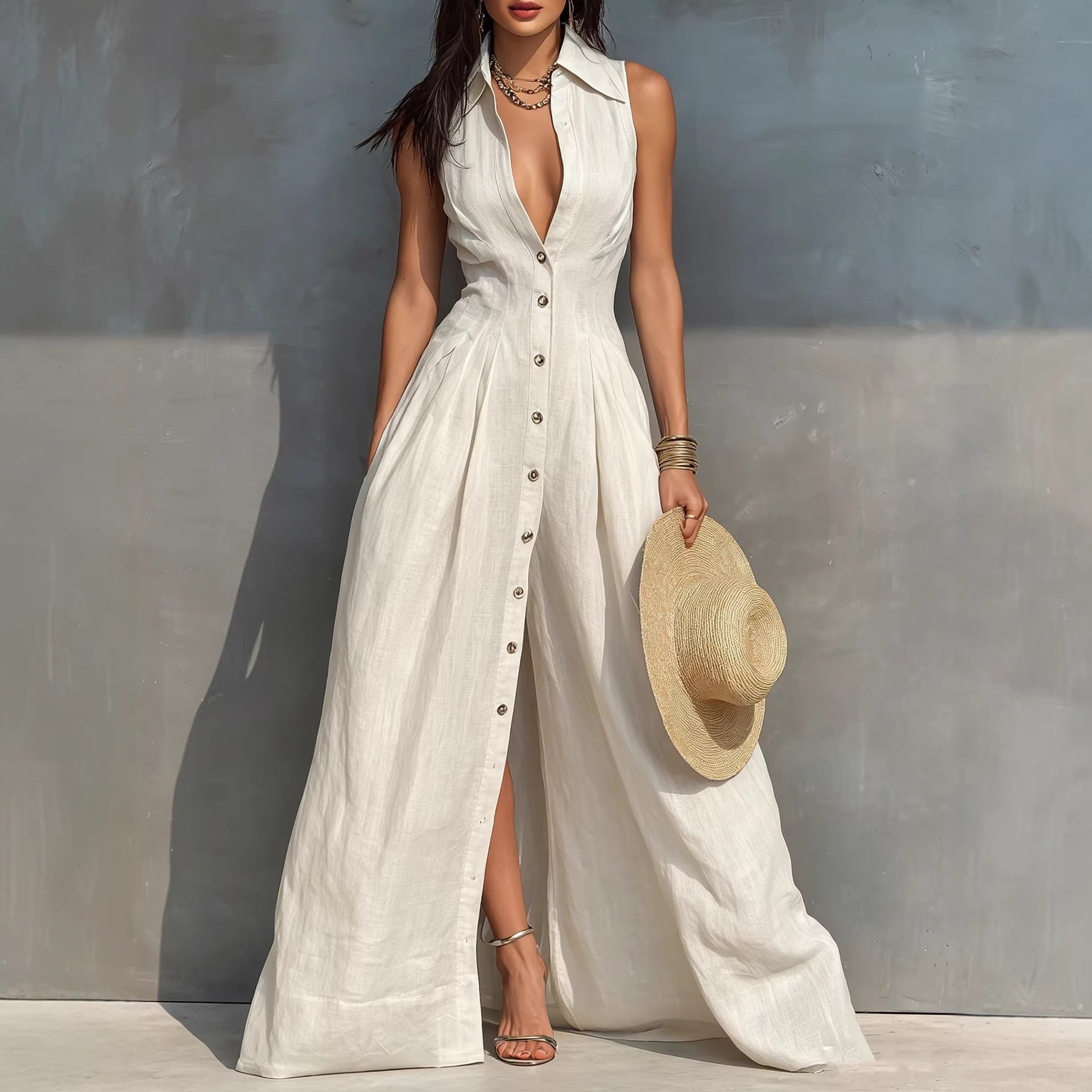 High-waisted Lapel Shirt-style Maxi Dress 