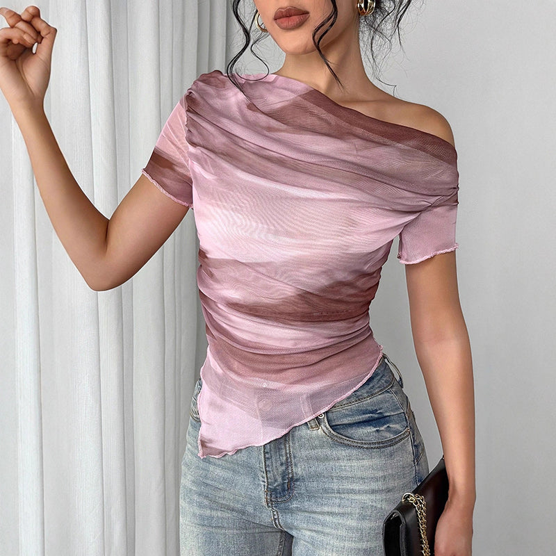Women's Tie Dye One-Shoulder Mesh Top Ruched Asymmetrical Tee 