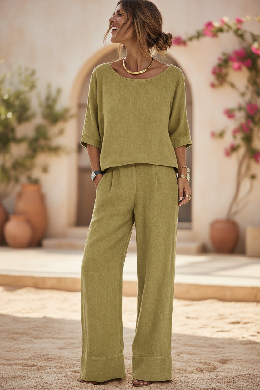 Cotton-Linen Minimalist Elegant Resort Short-Sleeve Pants Set 
