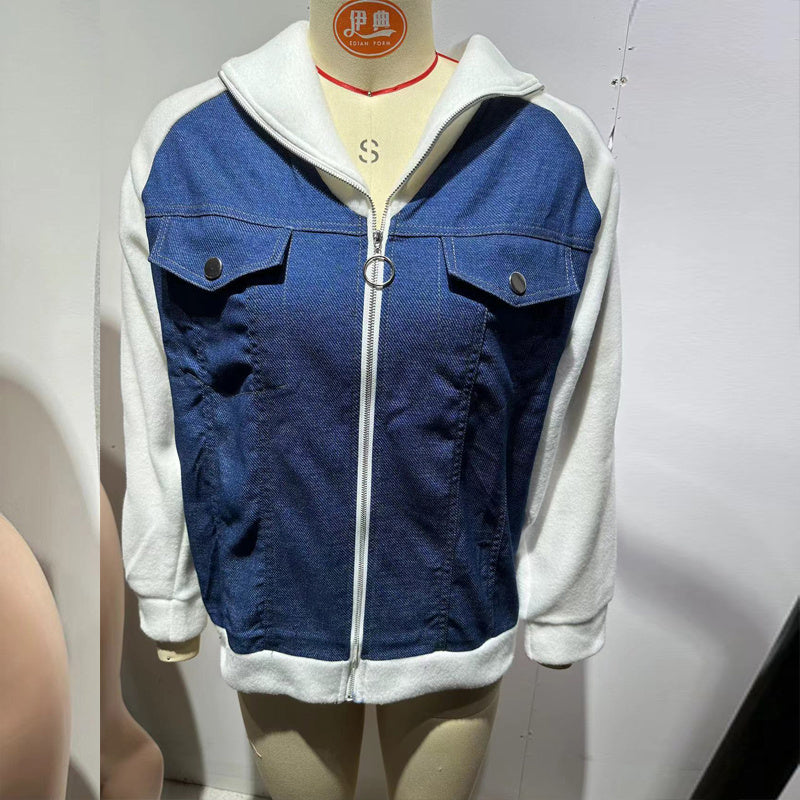 Women's Denim Patchwork Zip-Up Jacket Stand Collar Casual Coat With Button-Decorated Flap Pockets Fall Winter Fashion Outerwear CJ US