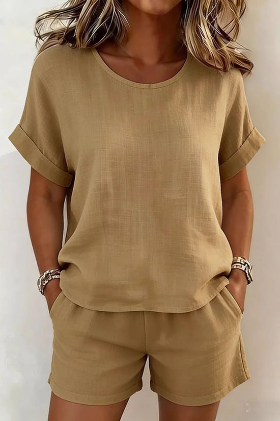 Solid-color Casual Round-neck Short-sleeve Shorts Two-piece Set 