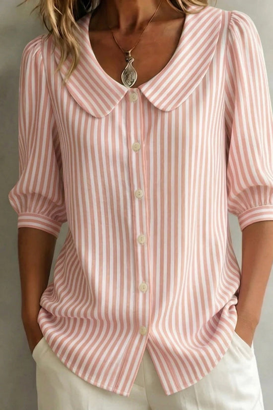 Mid-sleeve Striped V-neck Shirt Top T-shirt Womens Clothing 