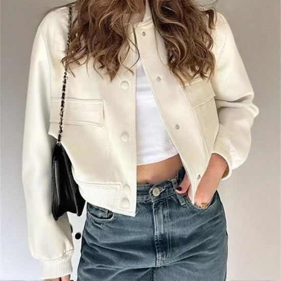 Women's Solid Color Long Sleeve Baseball Jacket With Button Front & Pockets - Casual Short Jacket For Spring&Fall Diversi Fashion™