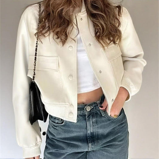 Women's Solid Color Long Sleeve Baseball Jacket With Button Front & Pockets - Casual Short Jacket For Spring&Fall Diversi Fashion™