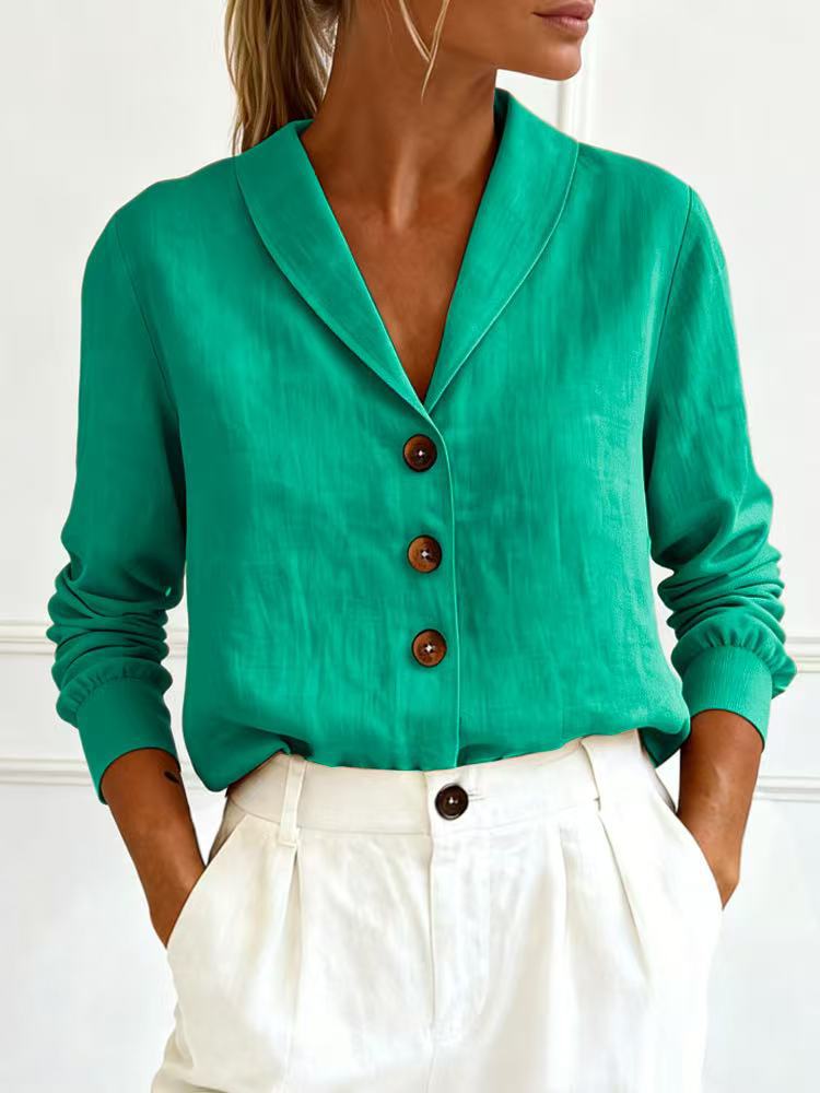 Fashionable Cotton-Linen Long-Sleeve Peter Pan Collar Button-Up Shirt 