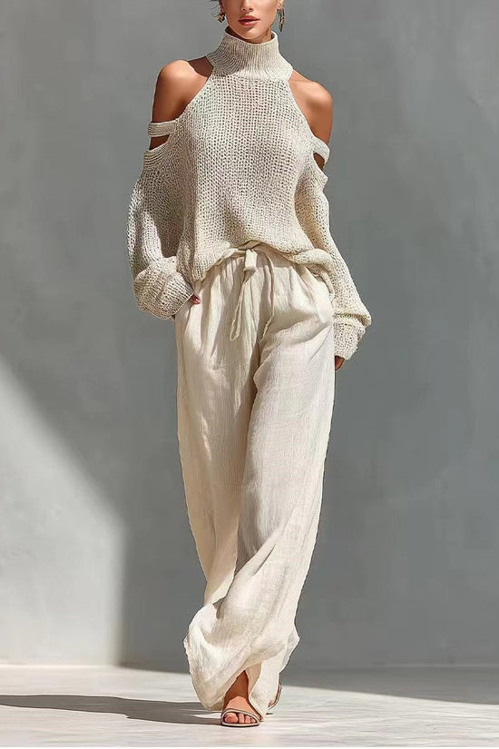 Womens Long-Sleeve Turtleneck Top And Pants Two-Piece Set 