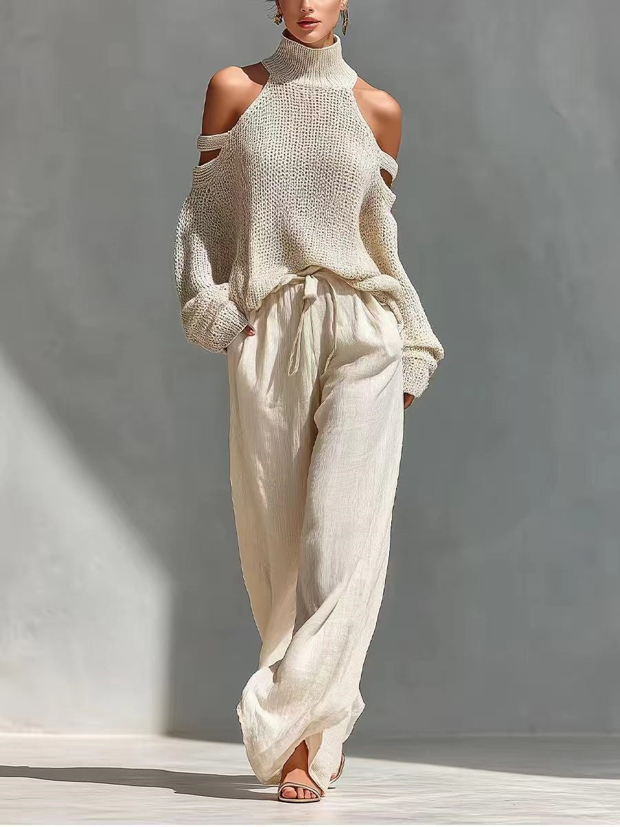 Womens Long-Sleeve Turtleneck Top And Pants Two-Piece Set 