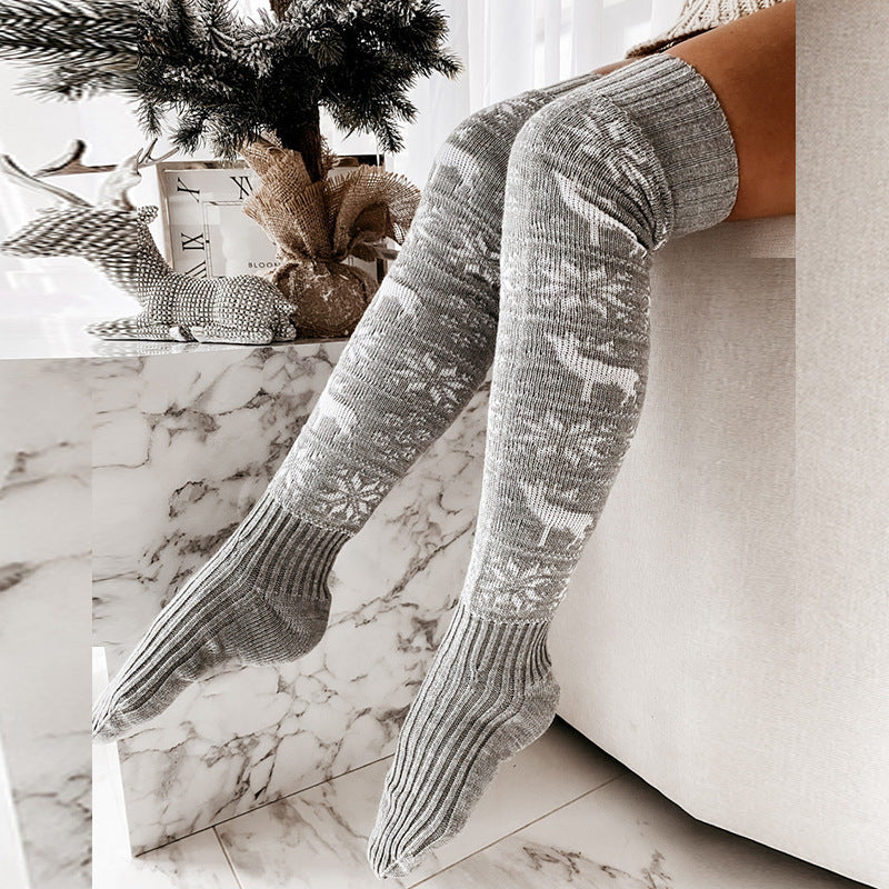 Winter Christmas Warm Knitted Women Stocking Beautiful Elk Snowflake Jacquard Over-the-knee Casual Long Socks For Ladies Gifts Free Size CJ
