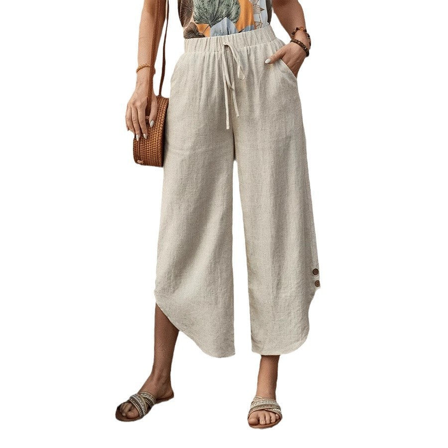 Cotton And Linen Drawstring Cropped Loose Pockets Casual Pants FitiqueFit