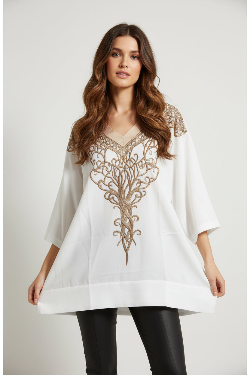 Ethnic Style Embroidered Fringe V-Neck Resort Top 
