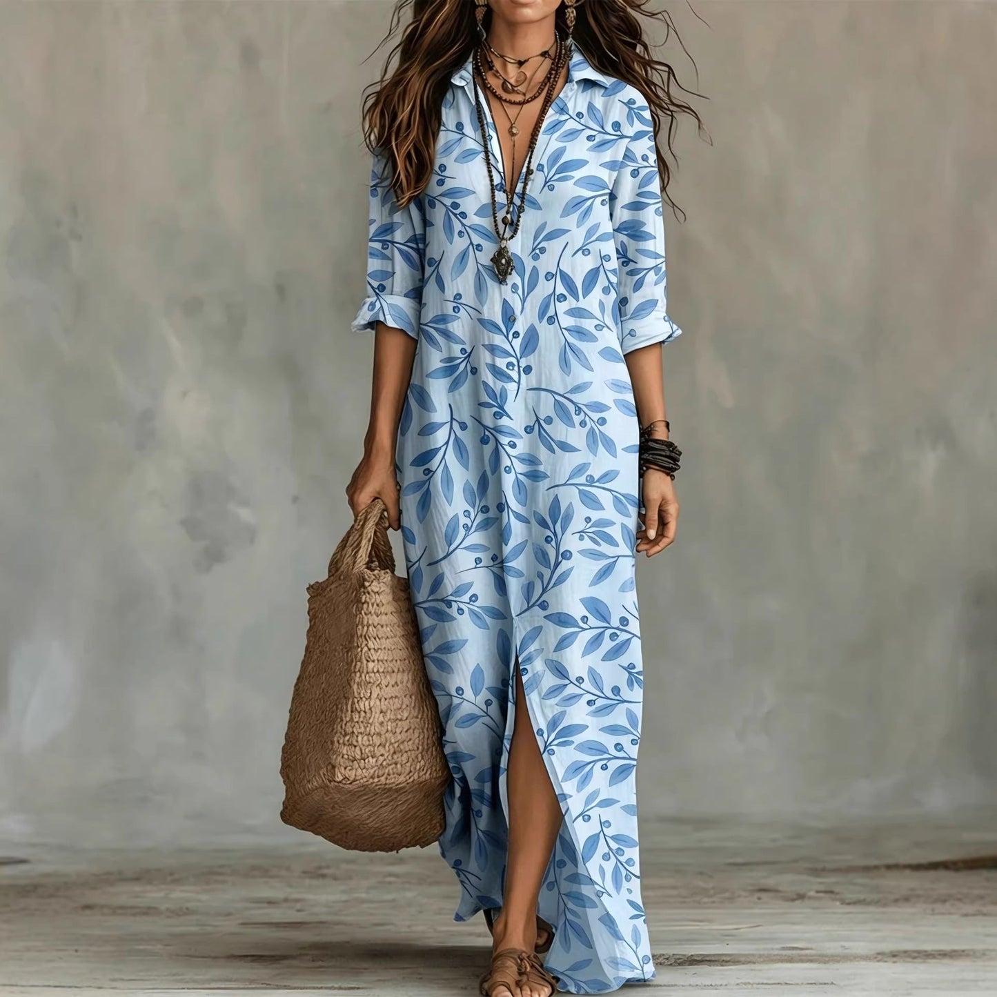 Casual Lapel-Neck Long Digital-Print Womens Shirt Dress 