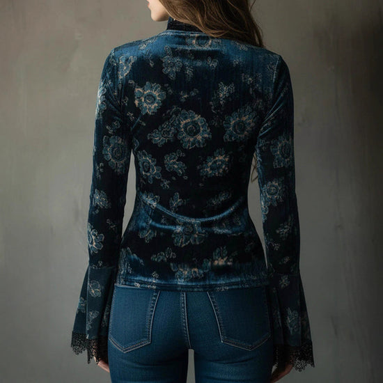 Women's Retro Lace Panel Blouse Elegant V-Neck Print Bell Long Sleeve Top For Spring Autumn Daily Wear 