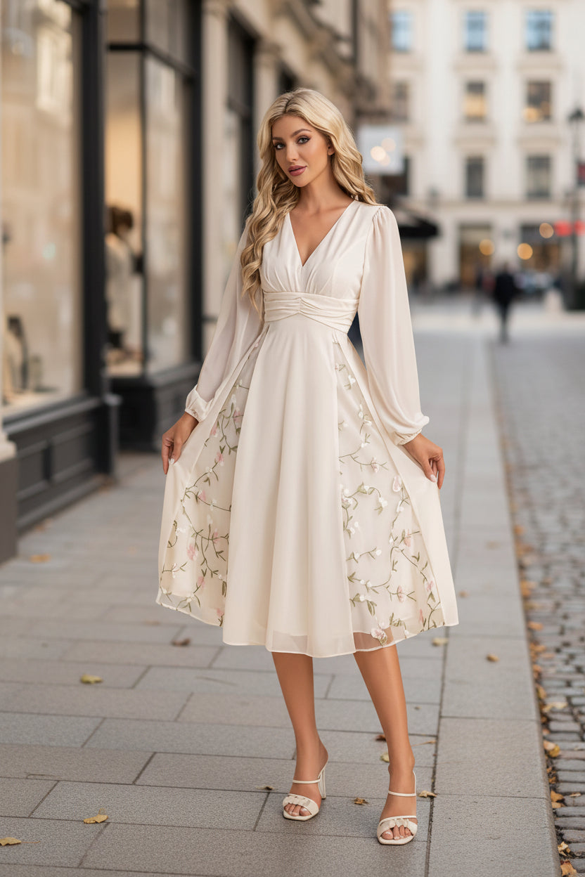 Floral Long-Sleeve V-Neck Pleated Dress For Women 