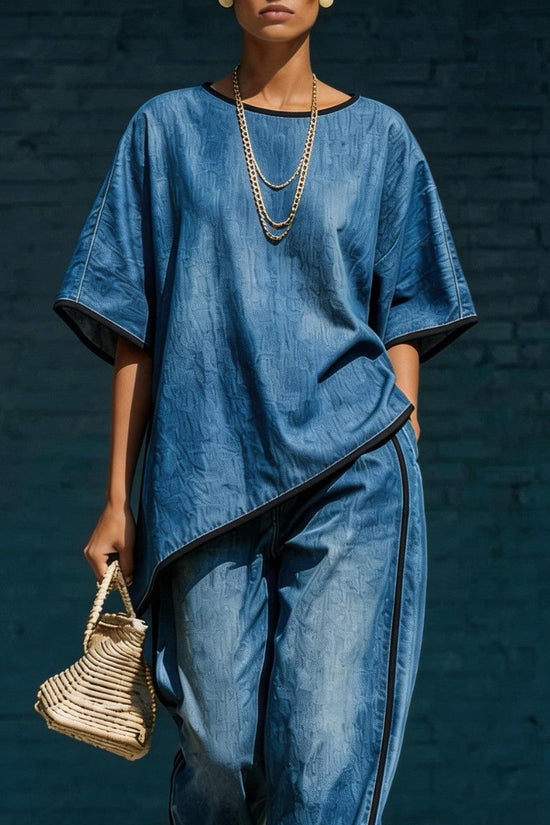 Elegant Casual Denim-Style Loose Wide-Leg Pants Two-Piece Set 