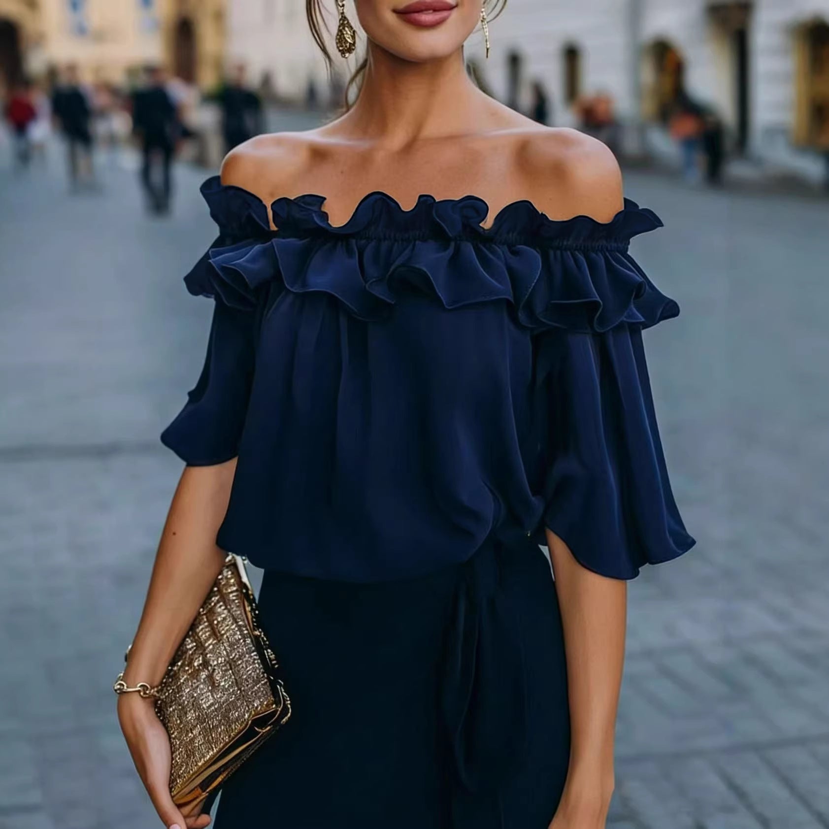 Solid-color Sexy Loose Off-shoulder Shirt 