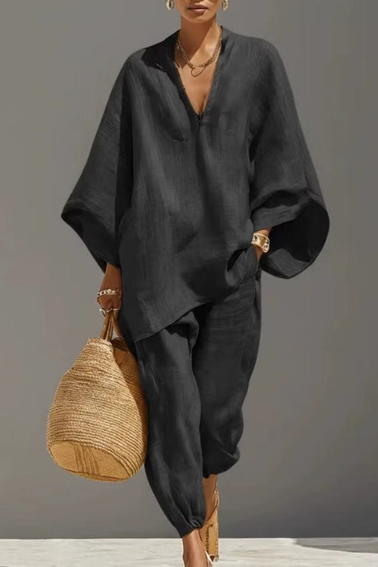 Casual Relaxed Loose-Fitting Solid-Color Shirt Set 