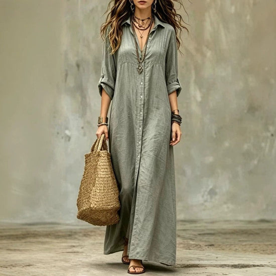 Shirt-collar Floor-length Casual Simple Long Dress 