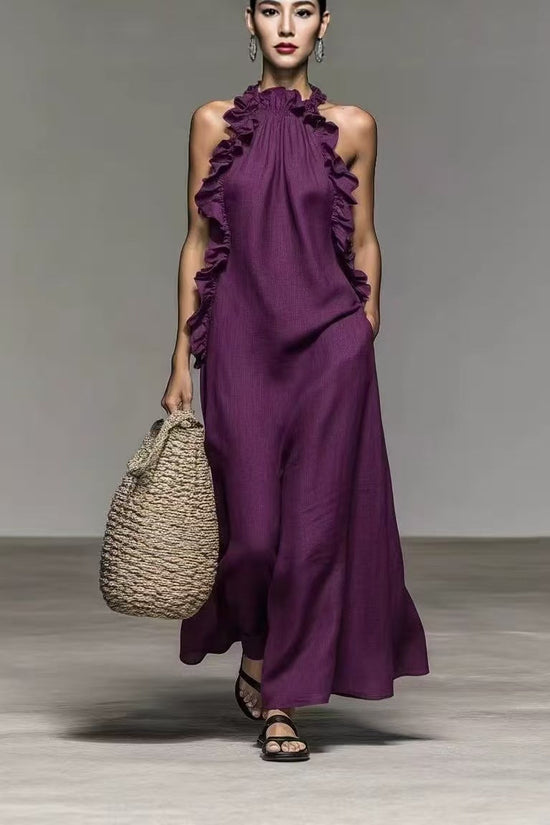 Summer Halter Neck Ruffled Sleeveless Dress, Loose Fit Flowy Dress With Pockets 