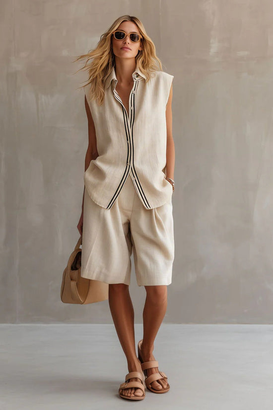 Single-breasted Sleeveless Linen Shirt And Shorts Set 